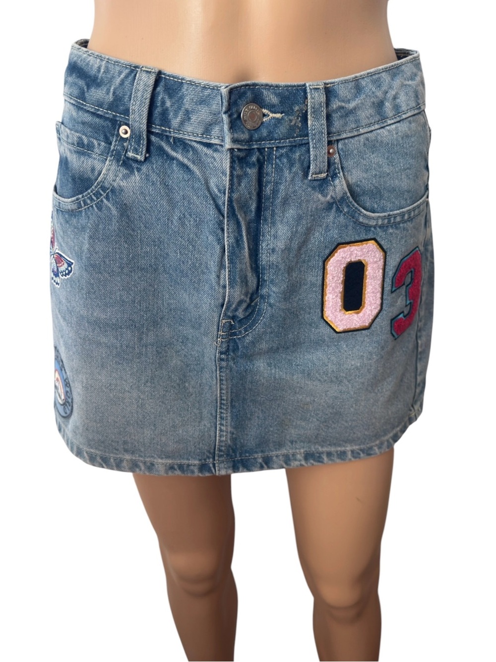 Patch Denim Mini Skirt - Blue with Pink & Red Accents